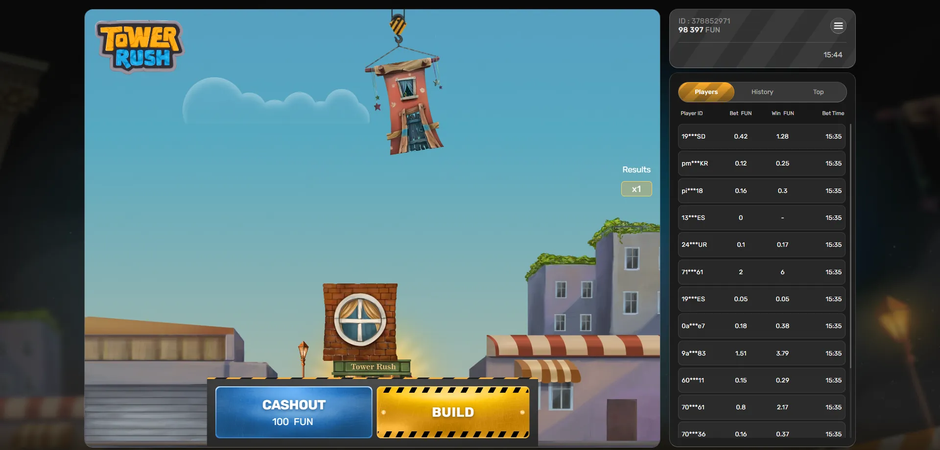لعبة tower rush demo على الشاشة — طوابق بنائية وضاربات ديناميكية